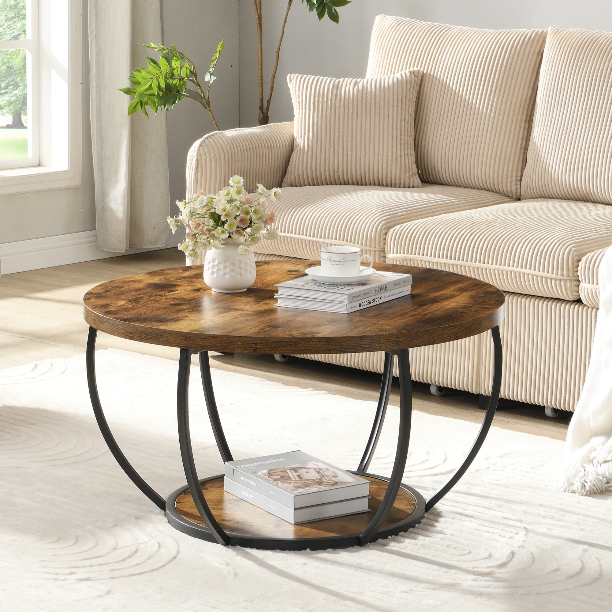 80cm Wooden Two-Tier Round Coffee Table with Storage Shelves, Modern Accent Center Cocktail Table for Living Room, Rustic Brown