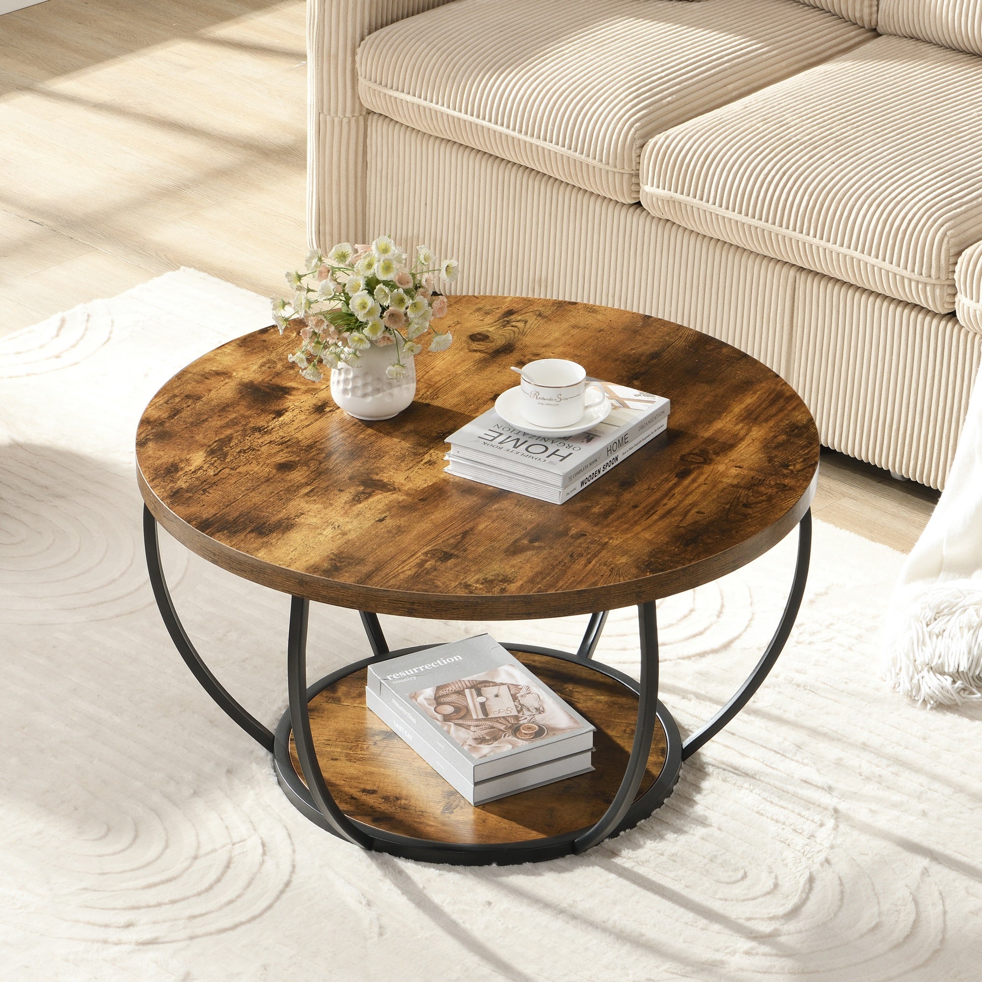 80cm Wooden Two-Tier Round Coffee Table with Storage Shelves, Modern Accent Center Cocktail Table for Living Room, Rustic Brown