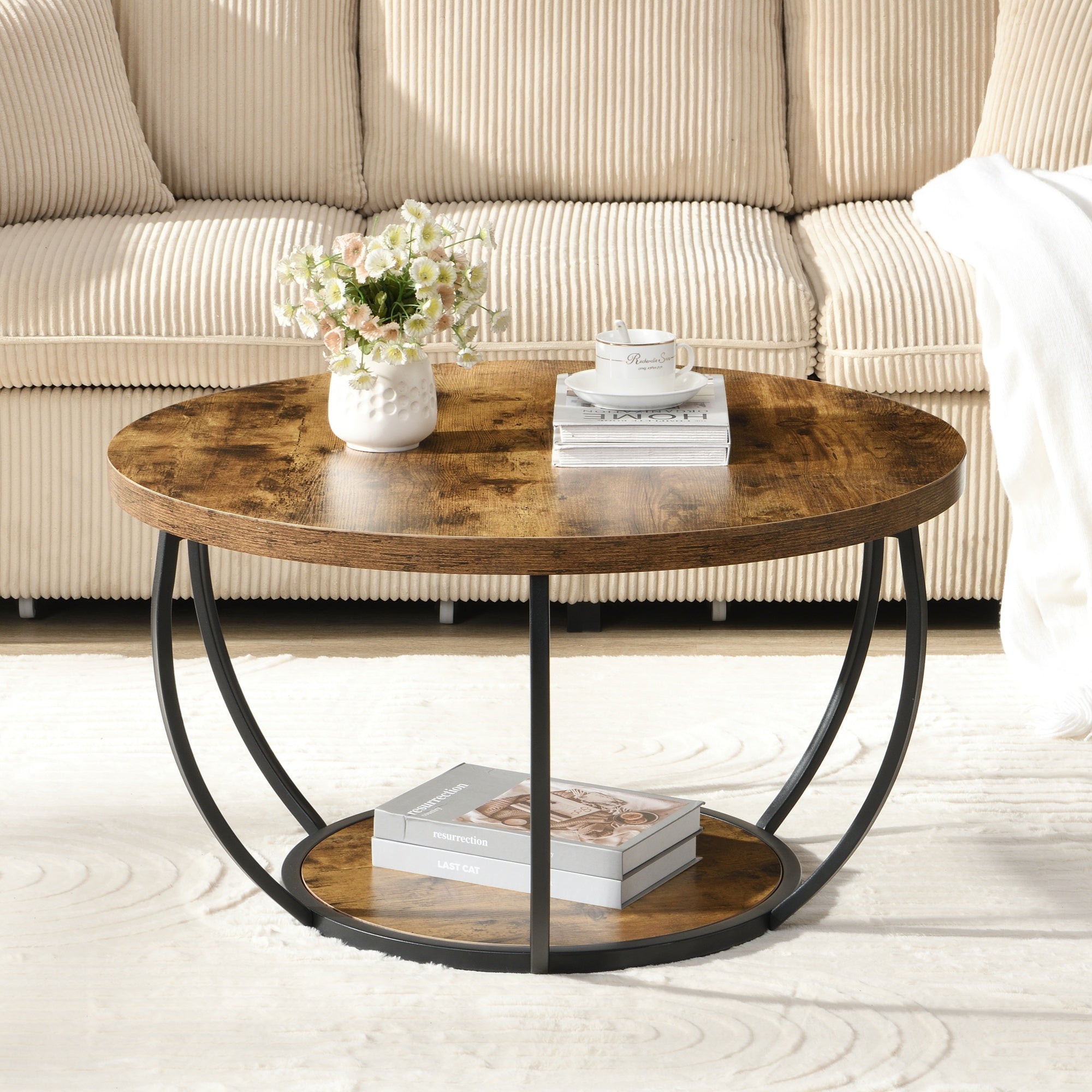 80cm Wooden Two-Tier Round Coffee Table with Storage Shelves, Modern Accent Center Cocktail Table for Living Room, Rustic Brown