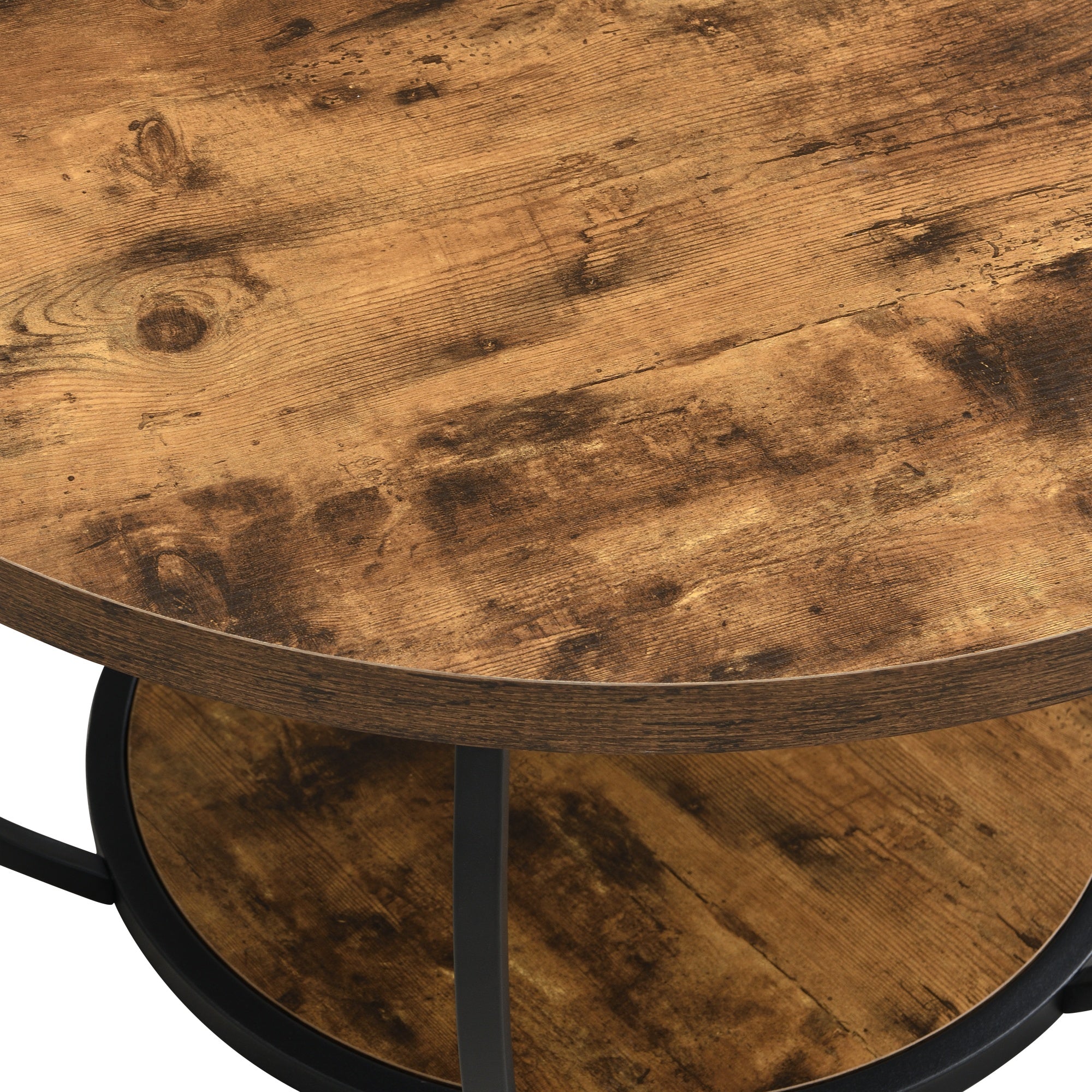 80cm Wooden Two-Tier Round Coffee Table with Storage Shelves, Modern Accent Center Cocktail Table for Living Room, Rustic Brown