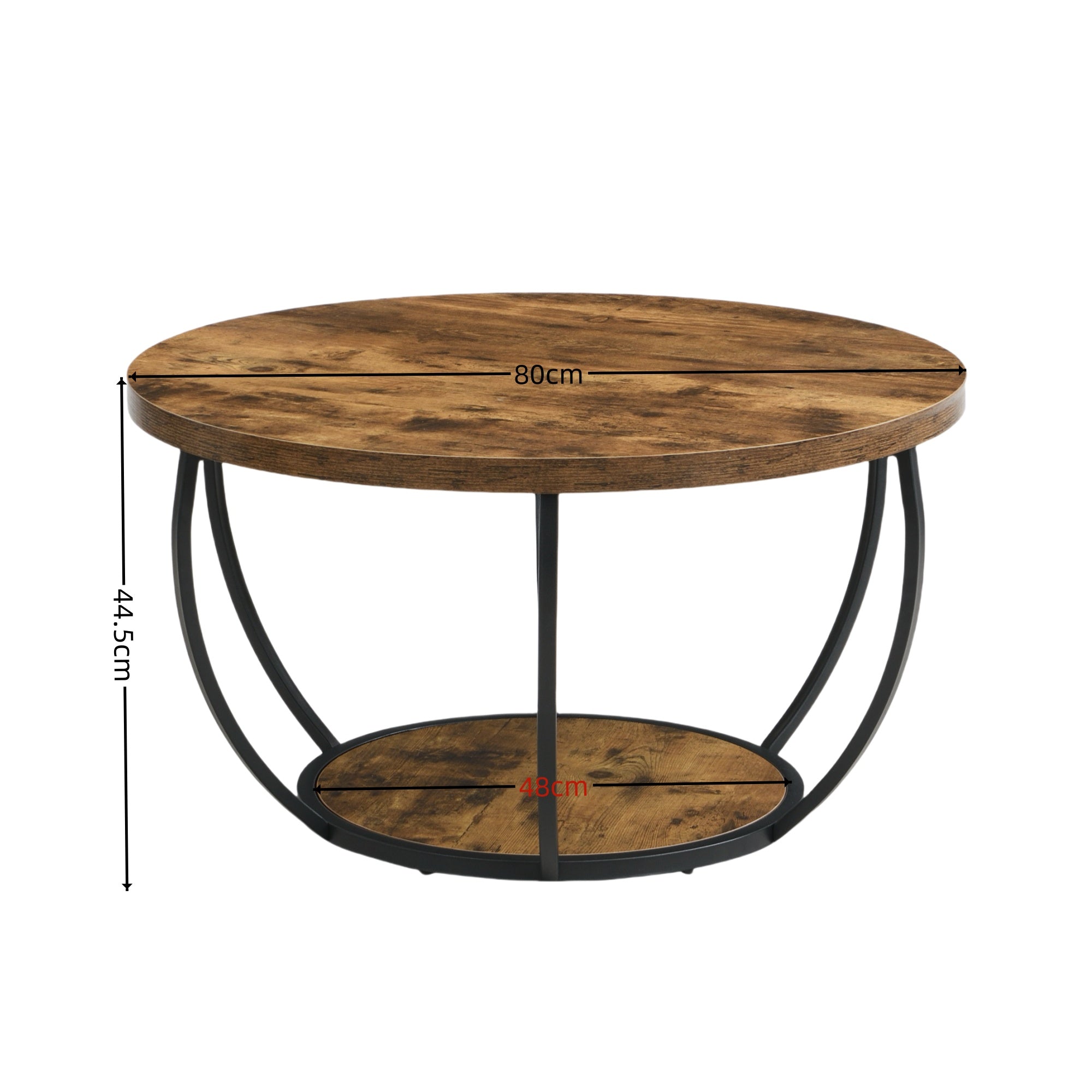 80cm Wooden Two-Tier Round Coffee Table with Storage Shelves, Modern Accent Center Cocktail Table for Living Room, Rustic Brown