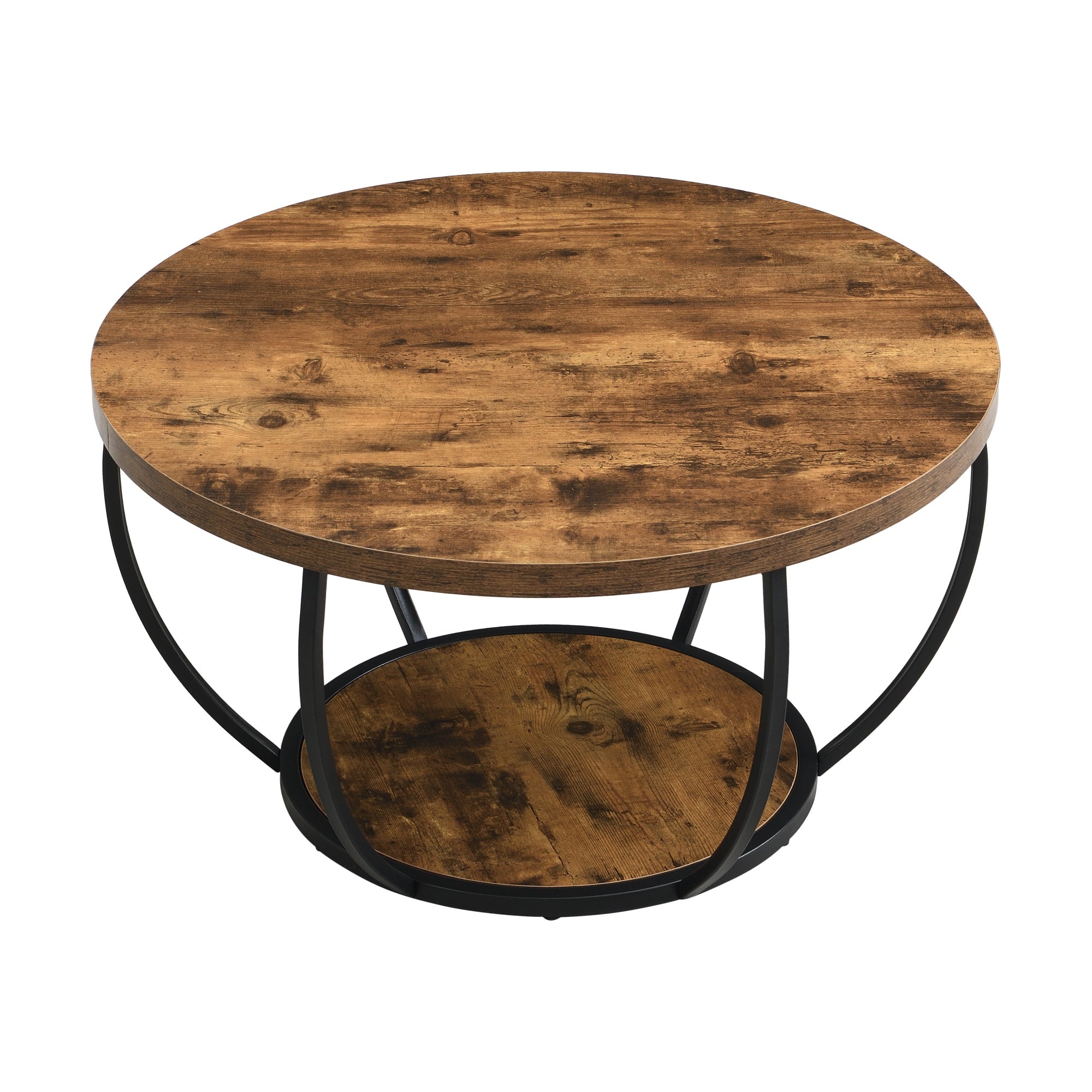 80cm Wooden Two-Tier Round Coffee Table with Storage Shelves, Modern Accent Center Cocktail Table for Living Room, Rustic Brown