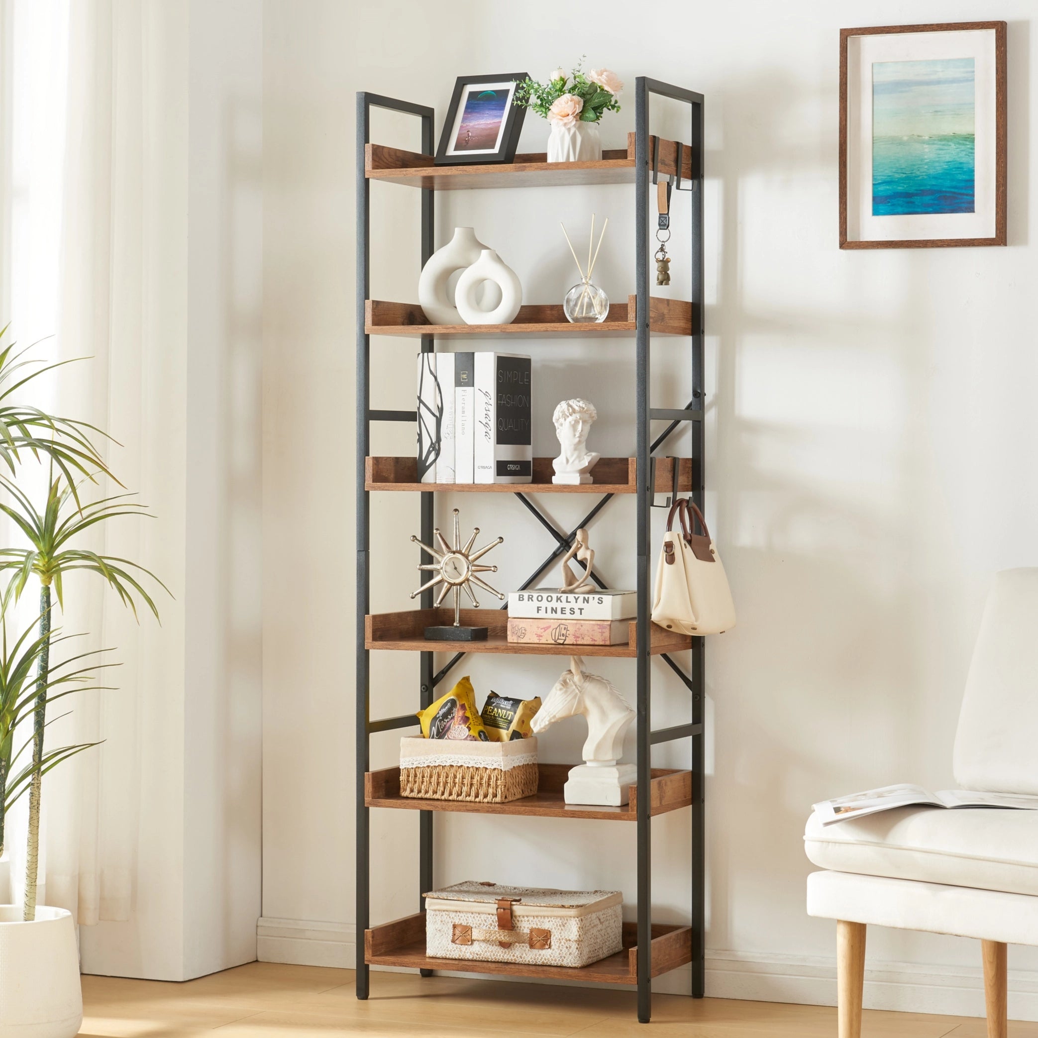 Tall Bookshelf Industrial Bookshelf, 6 Tier Bookcase, 6 Tier Open Display Storage Rack Shelves for Home, Rustic Brown