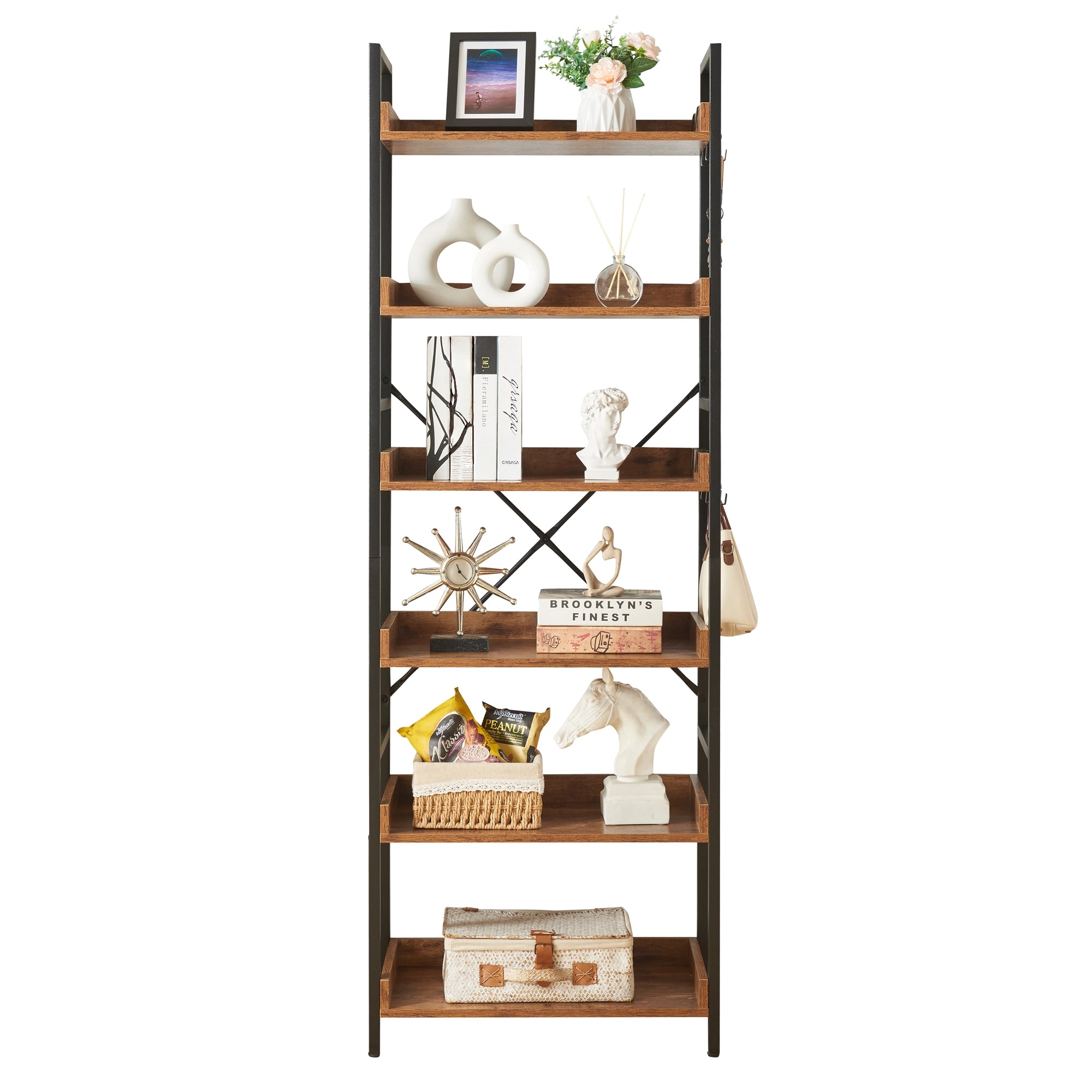 Tall Bookshelf Industrial Bookshelf, 6 Tier Bookcase, 6 Tier Open Display Storage Rack Shelves for Home, Rustic Brown