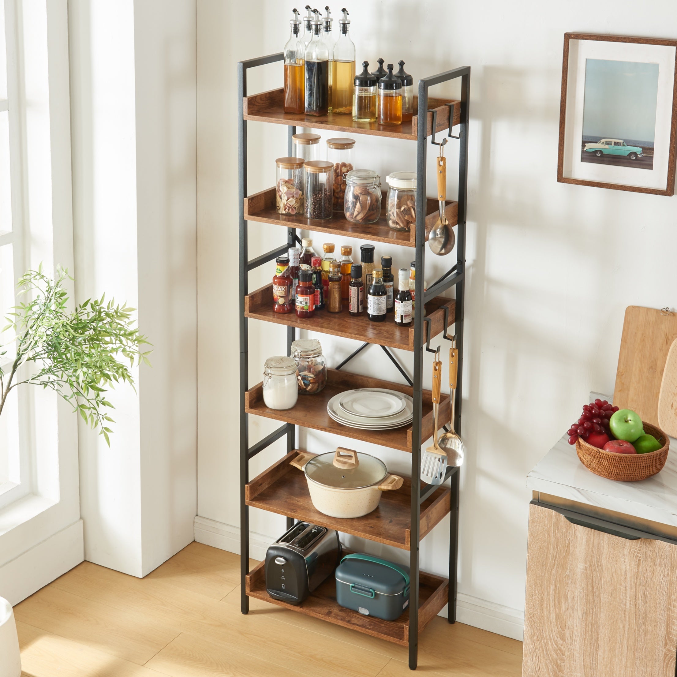 Tall Bookshelf Industrial Bookshelf, 6 Tier Bookcase, 6 Tier Open Display Storage Rack Shelves for Home, Rustic Brown