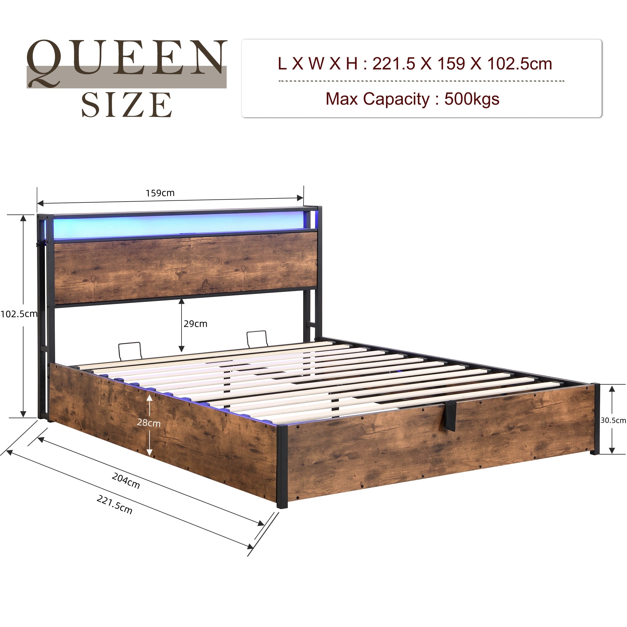 Gas Lift Storage LED Bed Frame with  & Charging Station, No Box Spring Needed, Rustic Brown
