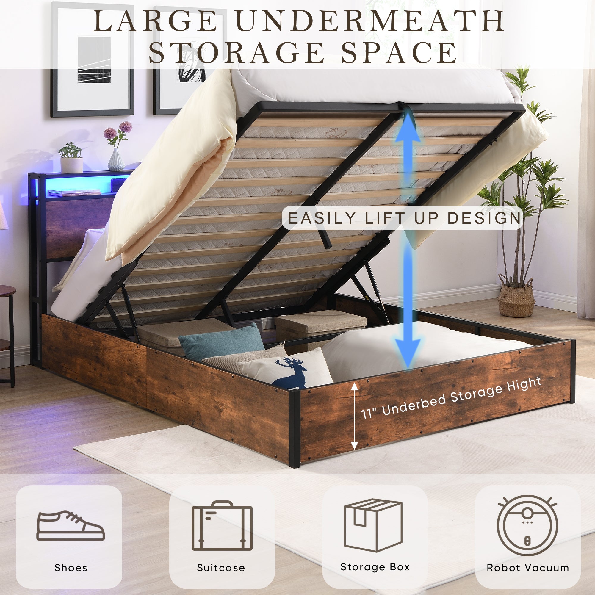 Gas Lift Storage LED Bed Frame with  & Charging Station, No Box Spring Needed, Rustic Brown