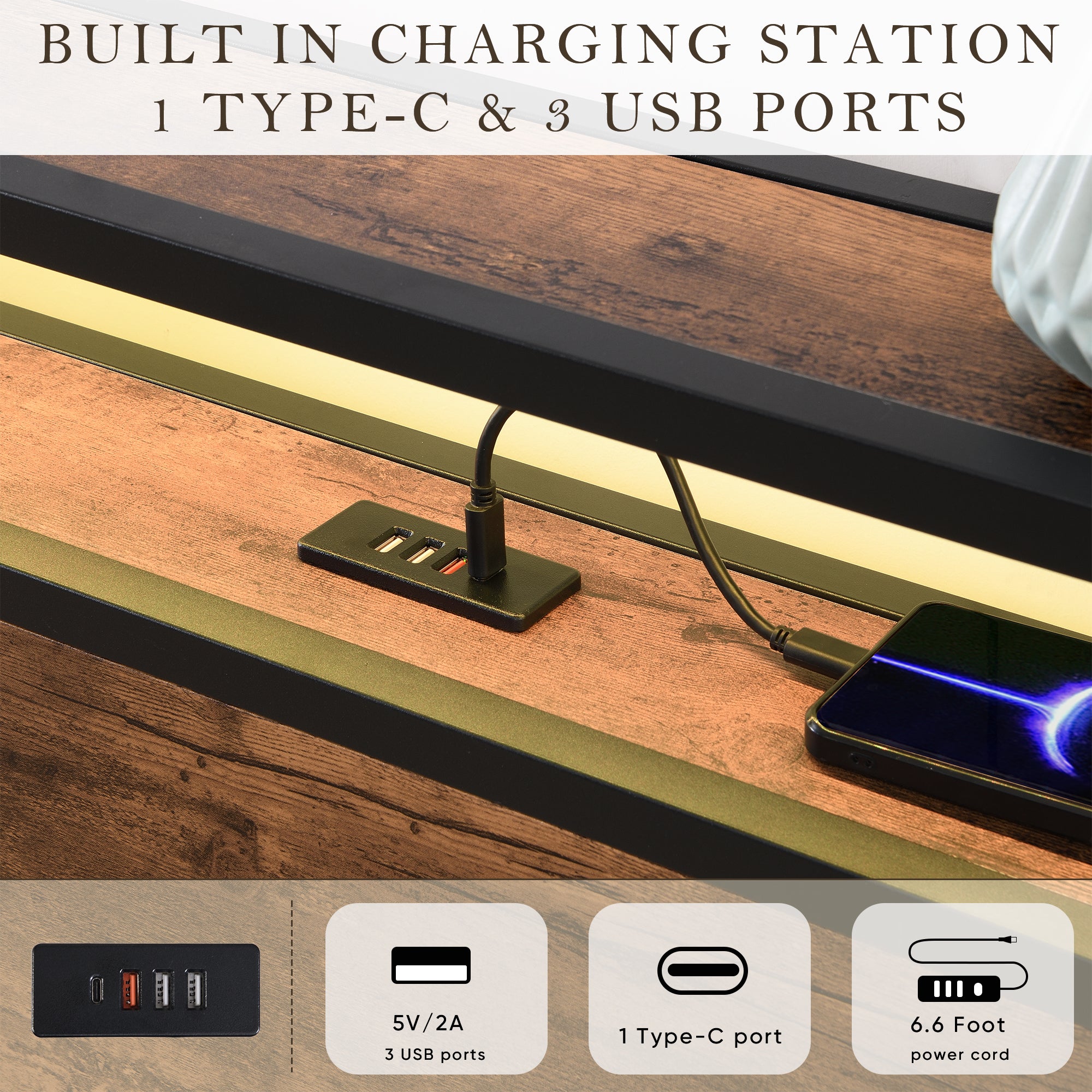 Gas Lift Storage LED Bed Frame with  & Charging Station, No Box Spring Needed, Rustic Brown
