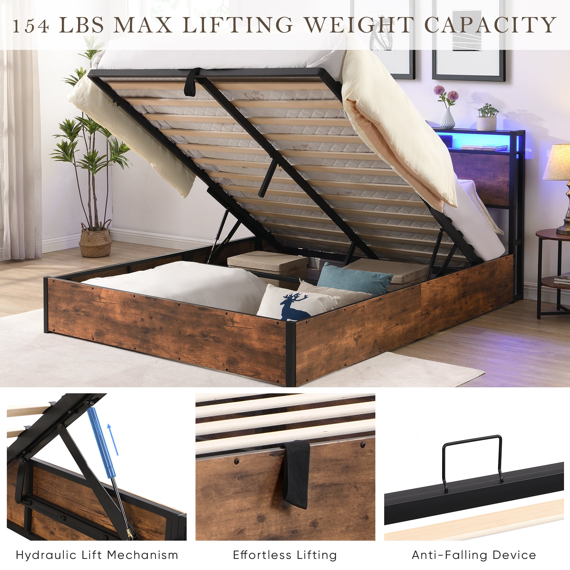 Gas Lift Storage LED Bed Frame with  & Charging Station, No Box Spring Needed, Rustic Brown