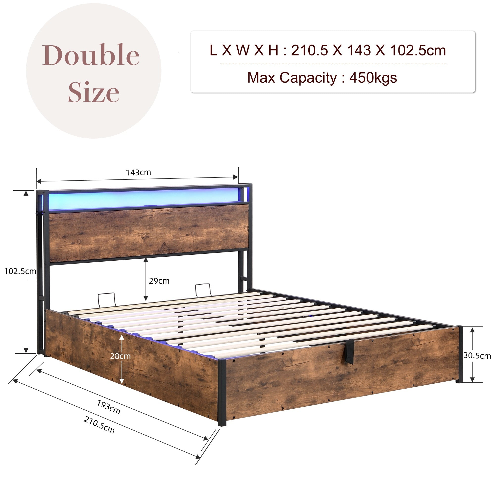 Gas Lift Storage LED Bed Frame with  & Charging Station, No Box Spring Needed, Rustic Brown
