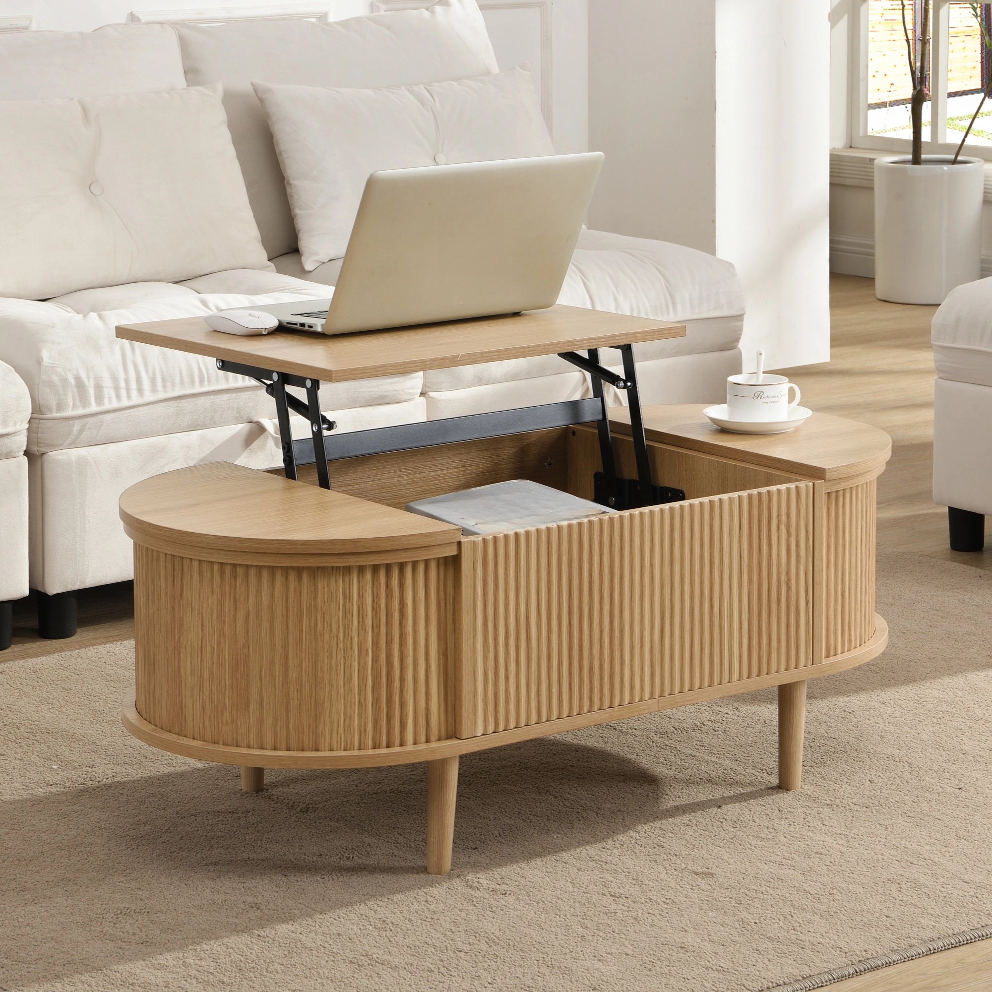 Lift-Top Coffee Table with Hidden Storage for Living Room, Oak