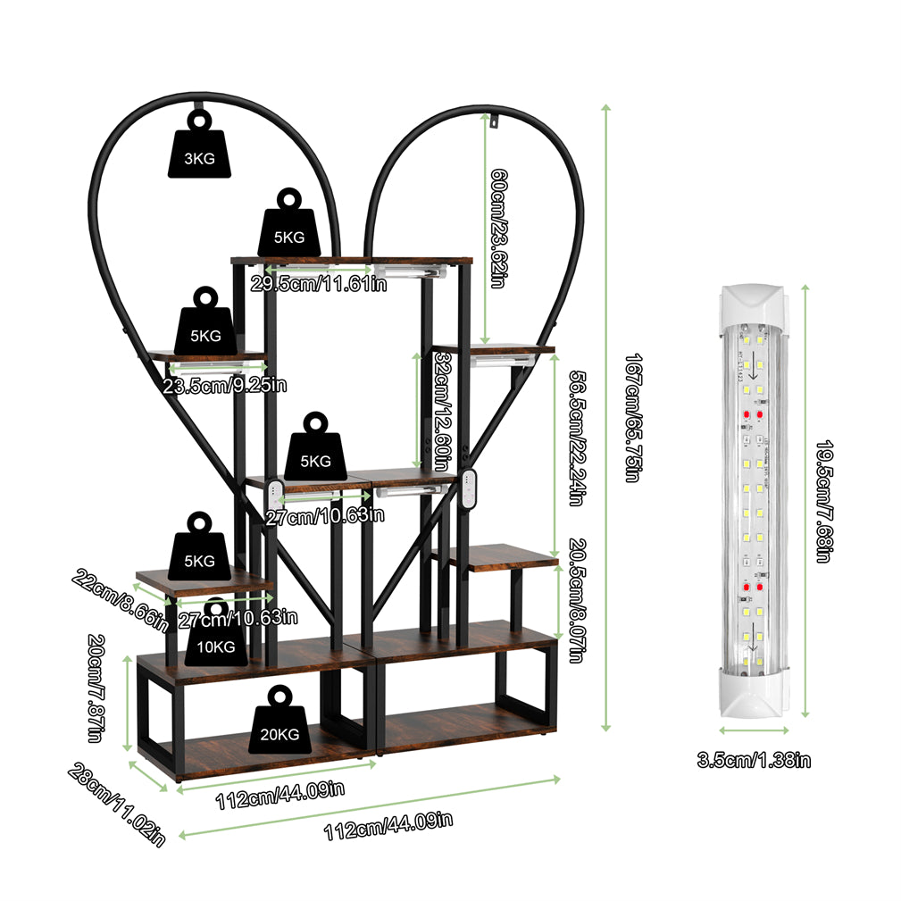 Vintage 2pcs Wood & Metal Heart-Shape Plant Flower Shelf Stand with Grow Lights