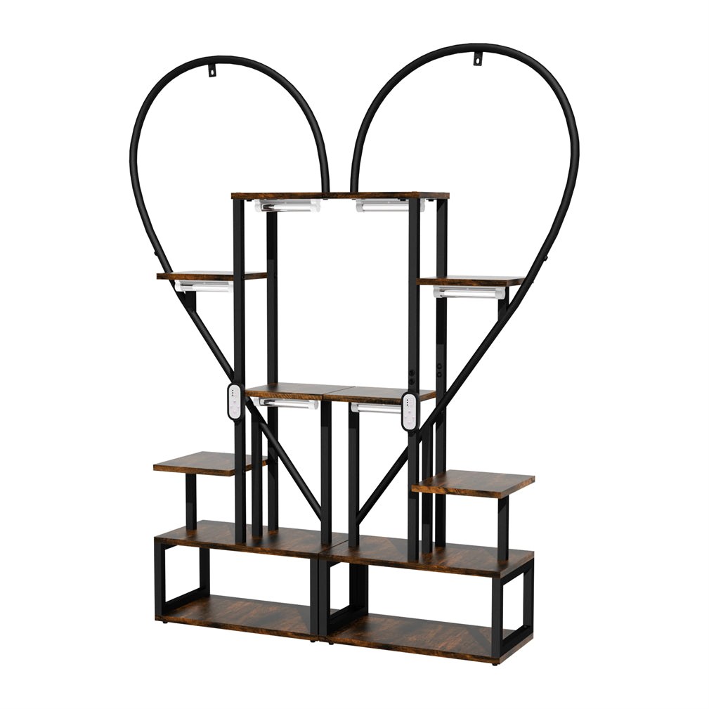 Vintage 2pcs Wood & Metal Heart-Shape Plant Flower Shelf Stand with Grow Lights