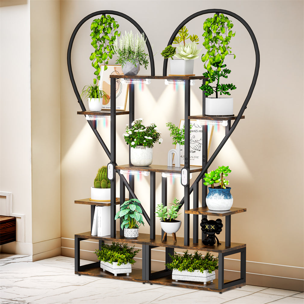 Vintage 2pcs Wood & Metal Heart-Shape Plant Flower Shelf Stand with Grow Lights