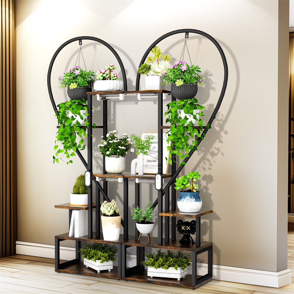 Vintage 2pcs Wood & Metal Heart-Shape Plant Flower Shelf Stand with Grow Lights