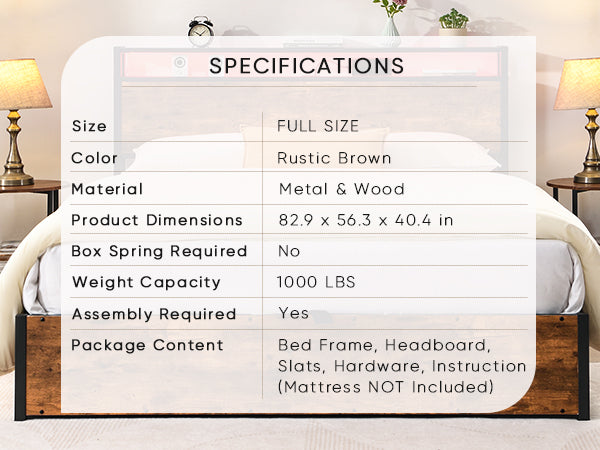 Gas Lift Storage LED Bed Frame with  & Charging Station, No Box Spring Needed, Rustic Brown