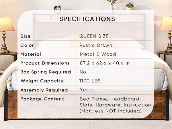Gas Lift Storage LED Bed Frame with  & Charging Station, No Box Spring Needed, Rustic Brown