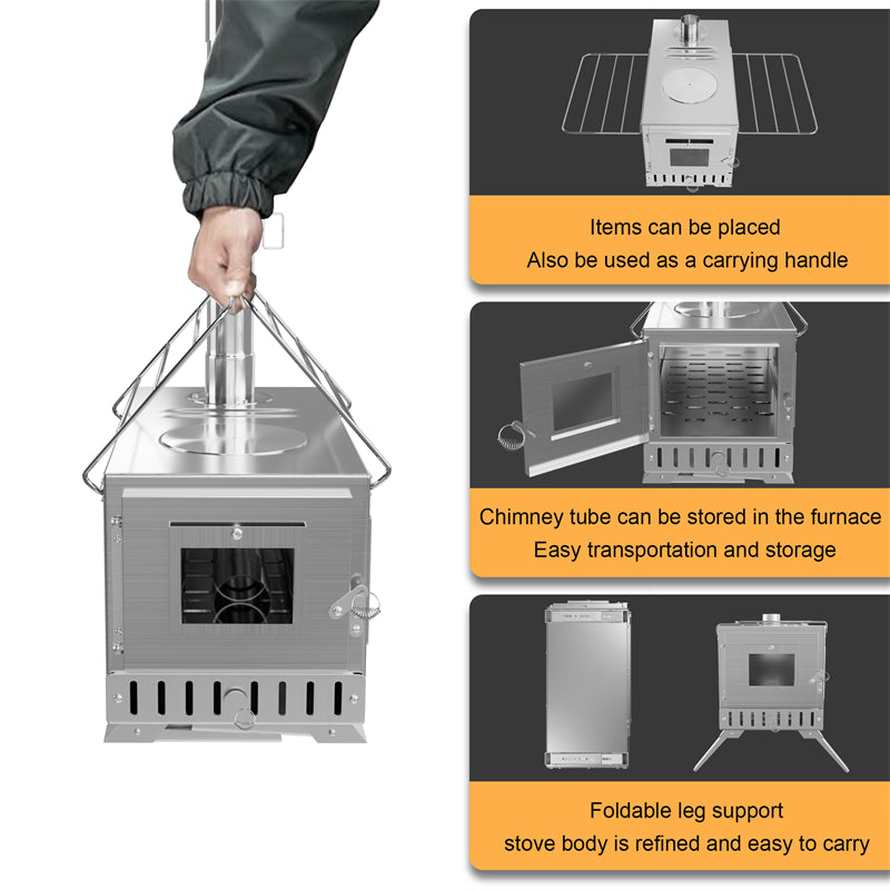 Stainless Steel Large Portable Camping Wood Stove Hot Tent Stove w/ Chimney Pipe