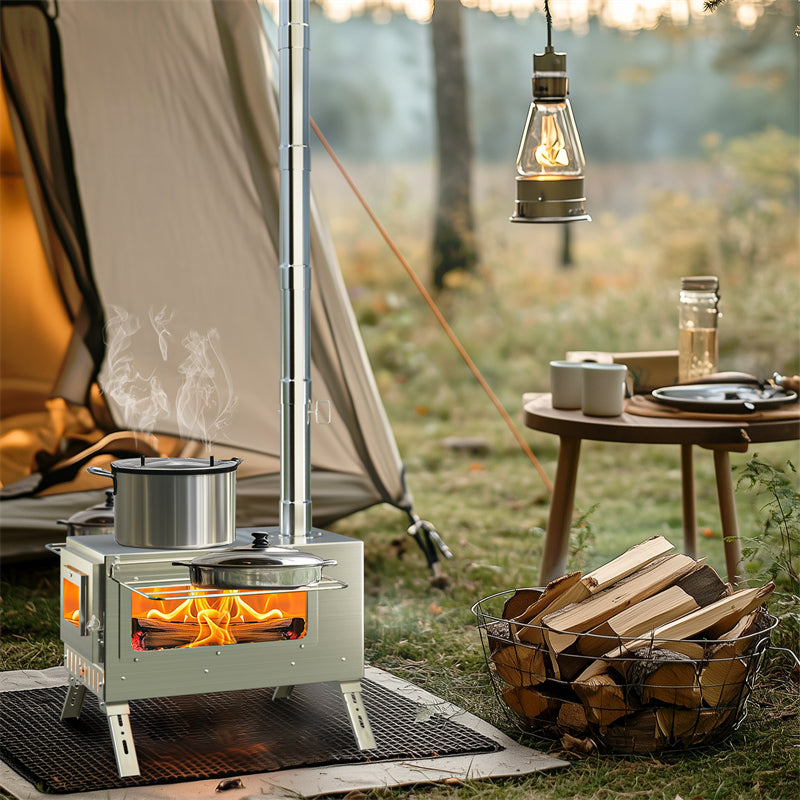 Stainless Steel Large Portable Camping Wood Stove Hot Tent Stove w/ Chimney Pipe