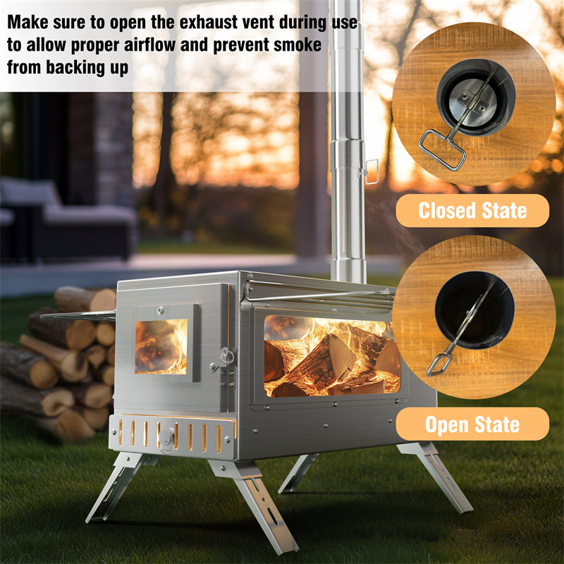 Stainless Steel Large Portable Camping Wood Stove Hot Tent Stove w/ Chimney Pipe