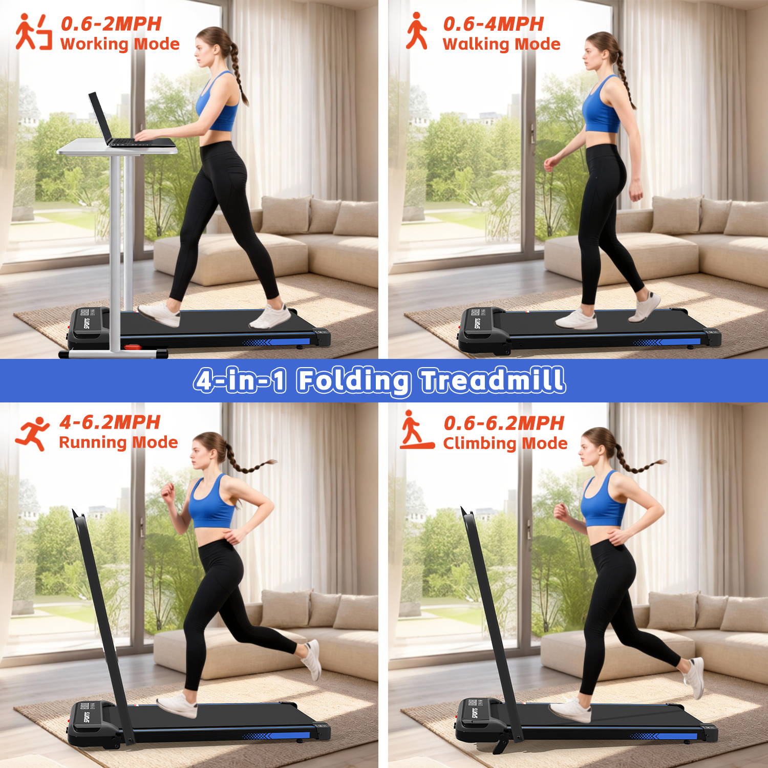 3 in 1 Under Desk Treadmill with Incline,Foldable Treadmills for Home, Walking Pad with Handle Bar for Walking and Jogging, with Remote Control & LED Display (Blue)