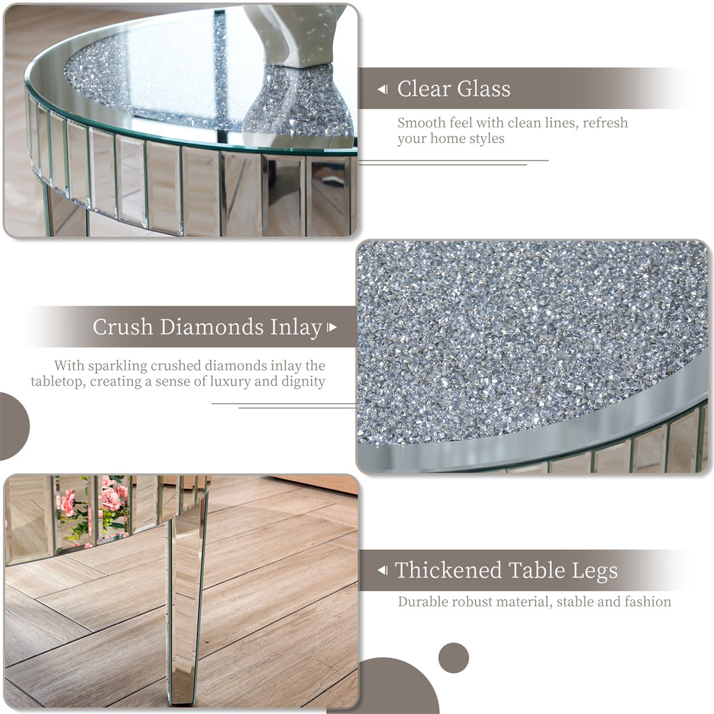 80cm Large Round Mirrored Coffee Center Table Bling Crushed Diamond Tabletop AU