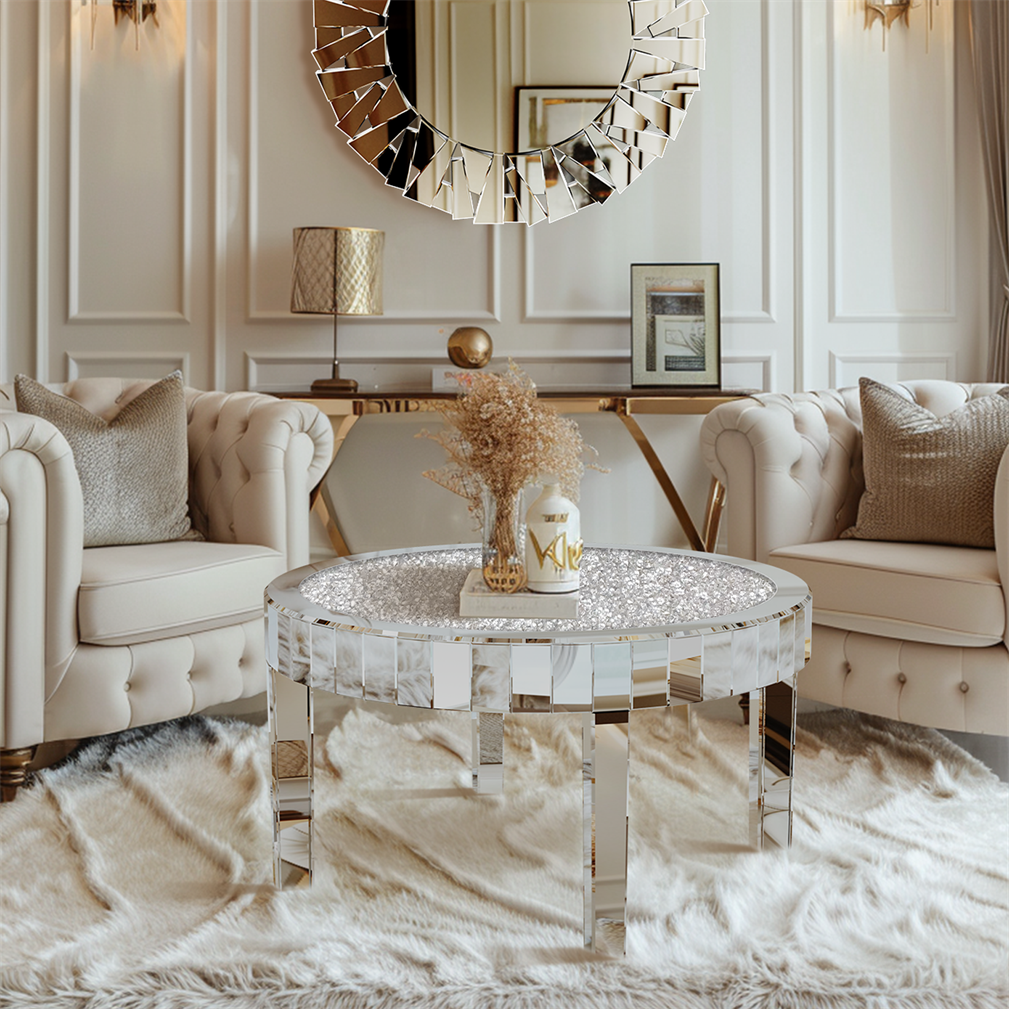 80cm Large Round Mirrored Coffee Center Table Bling Crushed Diamond Tabletop AU