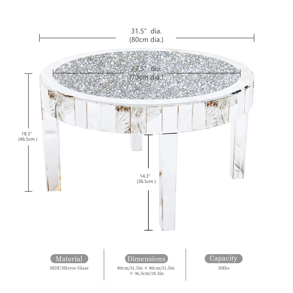 80cm Large Round Mirrored Coffee Center Table Bling Crushed Diamond Tabletop AU