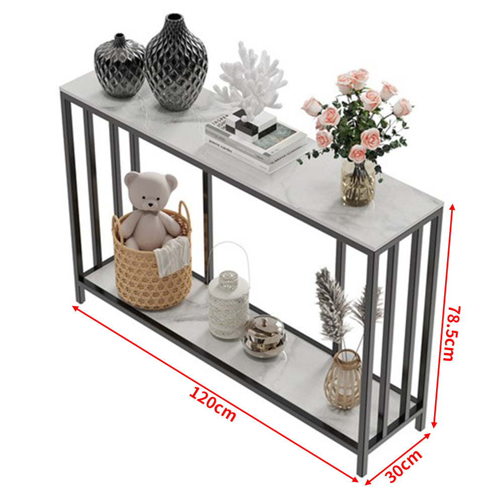 2-Tier White Marble Entryway Console Table Extra Long Foyer Couch Table