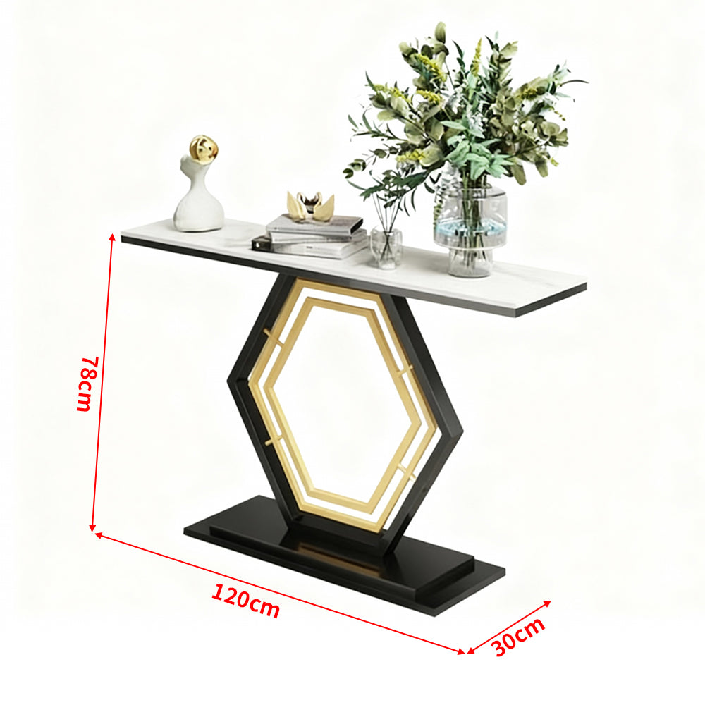 Solid Marble Console Table Entryway Table Hexagon Metal Frame Sofa Behind Table