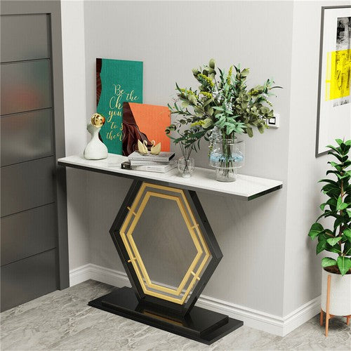 Solid Marble Console Table Entryway Table Hexagon Metal Frame Sofa Behind Table
