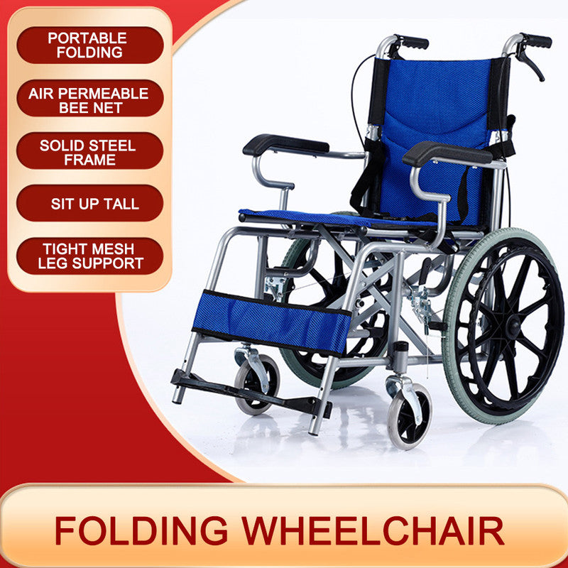 20" Foldable Wheelchair Park Brakes Lightweight Soft Mobility Aid Fold Disabled Blue