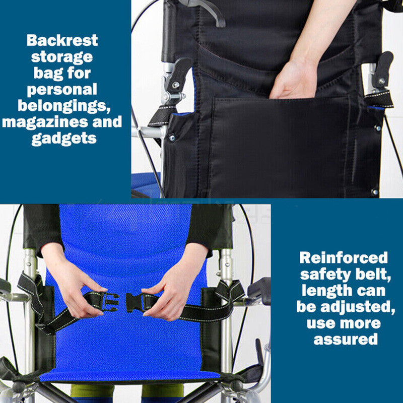 20" Foldable Wheelchair Park Brakes Lightweight Soft Mobility Aid Fold Disabled Blue
