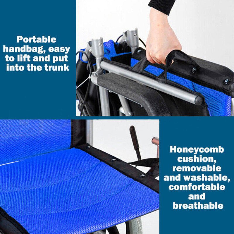 20" Foldable Wheelchair Park Brakes Lightweight Soft Mobility Aid Fold Disabled Blue