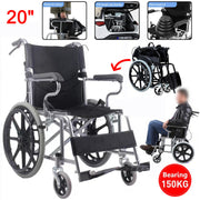 20" Foldable Wheelchair Park Brakes Lightweight Soft Mobility Aid Disabled Fold Black