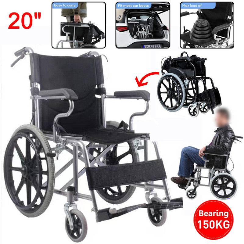 20" Foldable Wheelchair Park Brakes Lightweight Soft Mobility Aid Disabled Fold Black