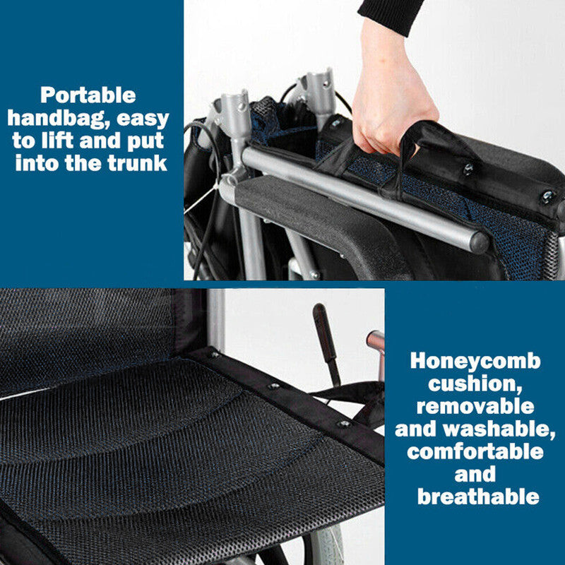20" Foldable Wheelchair Park Brakes Lightweight Soft Mobility Aid Disabled Fold Black