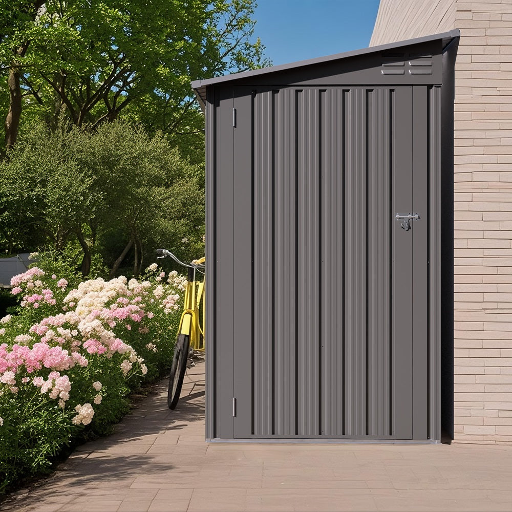 4 x 9 FT Outdoor Storage Shed, Metal Garden Shed Tool House with Sloping Roof,2 vents and 1 Side Open Door for Backyard, Garden,Patio, Garage, Lawn, Gray