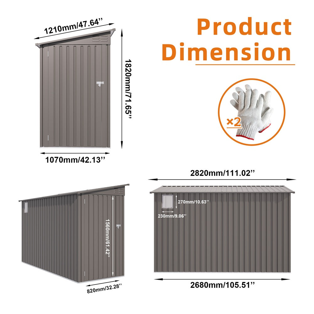 4 x 9 FT Outdoor Storage Shed, Metal Garden Shed Tool House with Sloping Roof,2 vents and 1 Side Open Door for Backyard, Garden,Patio, Garage, Lawn, Gray