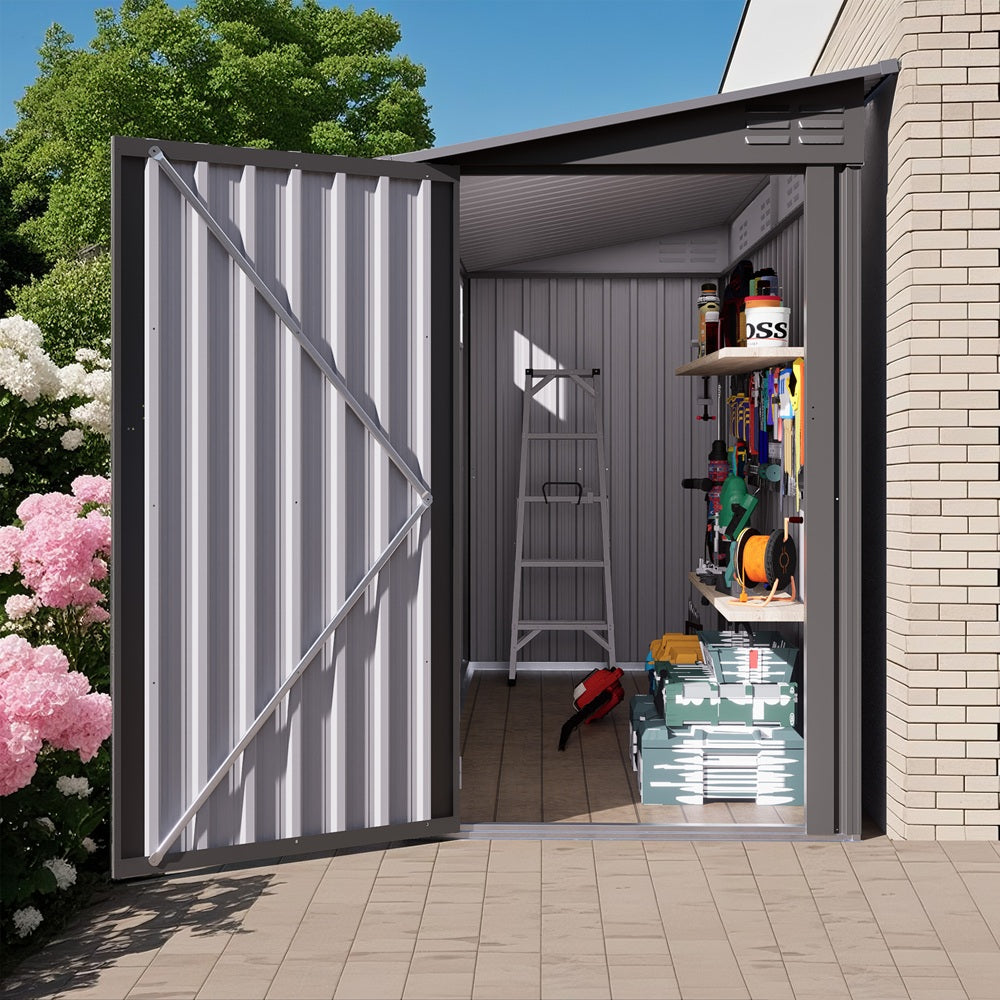 4 x 9 FT Outdoor Storage Shed, Metal Garden Shed Tool House with Sloping Roof,2 vents and 1 Side Open Door for Backyard, Garden,Patio, Garage, Lawn, Gray