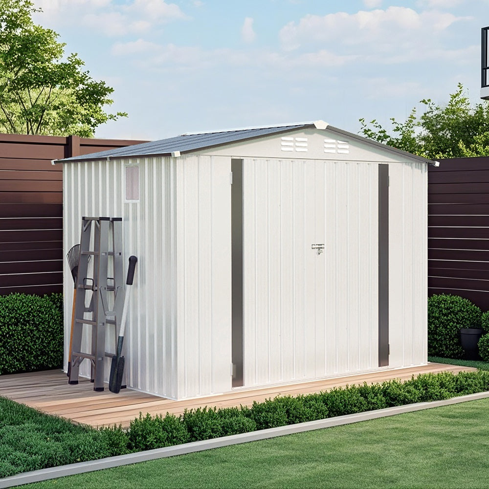 8x6 FT Metal Outdoor Storage Shed, Tool Shed with Pitched Roof Waterproof with Side Window and Lockable Door, Metal Tool Shed for Garden Tool Storage, Everyday Sundries and Bike Storage, White + Gray