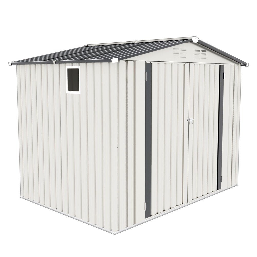 8x6 FT Metal Outdoor Storage Shed, Tool Shed with Pitched Roof Waterproof with Side Window and Lockable Door, Metal Tool Shed for Garden Tool Storage, Everyday Sundries and Bike Storage, White + Gray