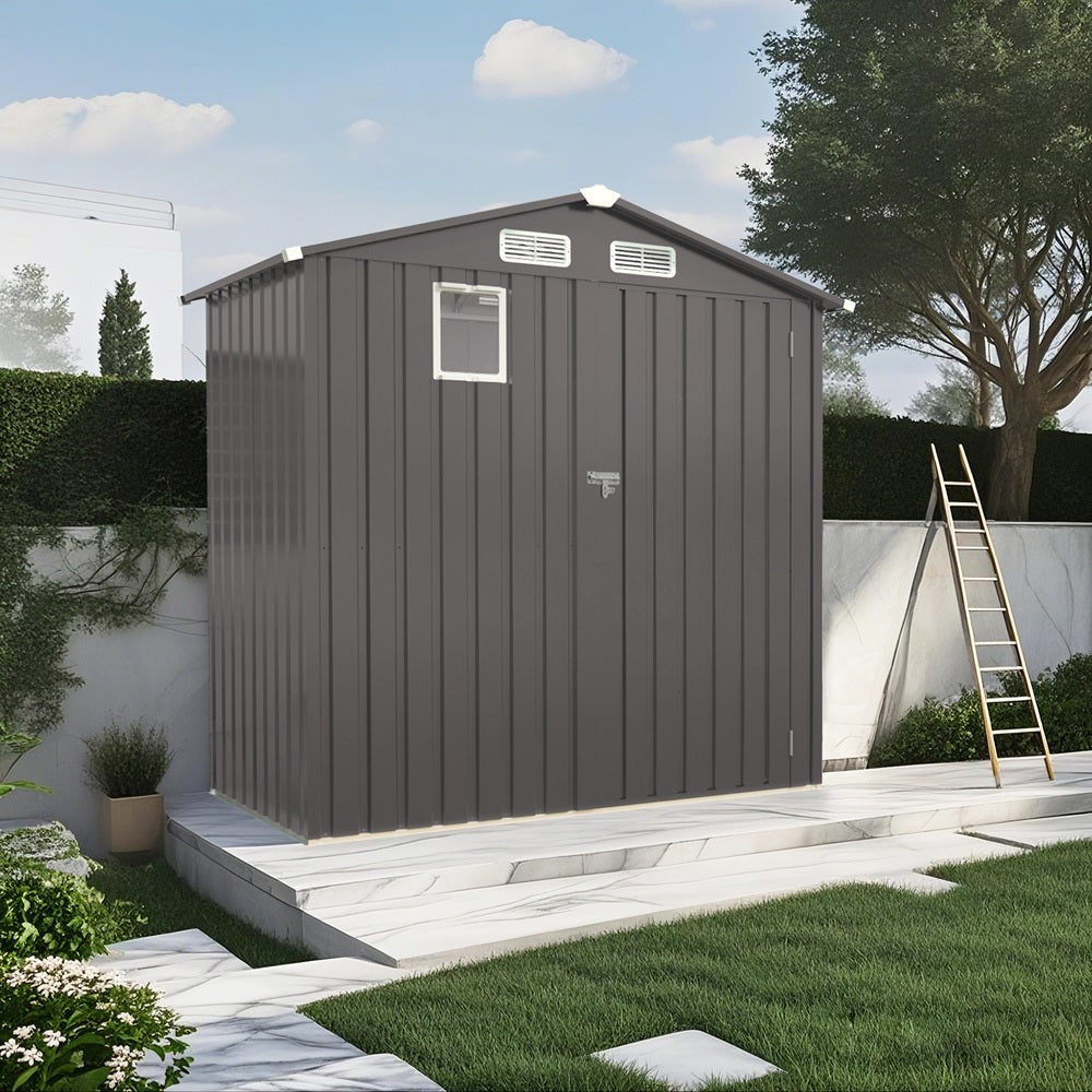 6 x 3.5FT Metal Outdoor Storage Shed, Tool Shed with Peaked Roof Watertight with Clear Window and Lockable Door Compact Metal Tool Room for Garden, Backyard, Patio, Sundries and Bike Storage, Gray
