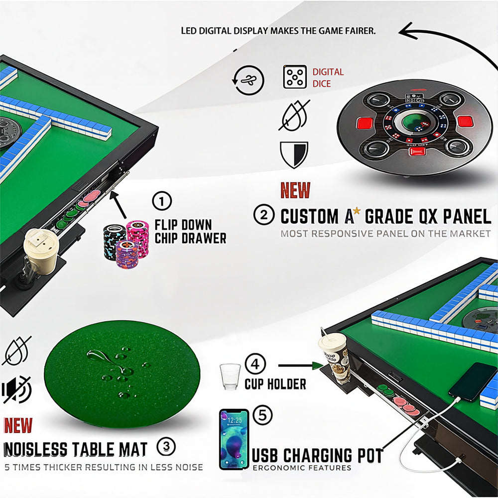 Automatic Mahjong Table 42mm, 144 Mahjong Tiles {Green Blue}, USB Charging. Silent Shuffling, Easy Installation