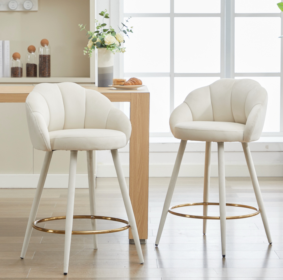 2PCS Velvet Upholstered  Barstools , with Petal Back & Golden Footrest