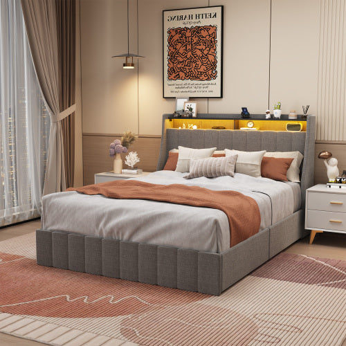Queen Size Bed Frame with LED, 4 Under-bed Portable Storage Drawers