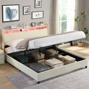 Gas Lift Bed Frame with LED Lights and Charging Station, Modern Upholstery Bed Storage Headboard (Without mattress)