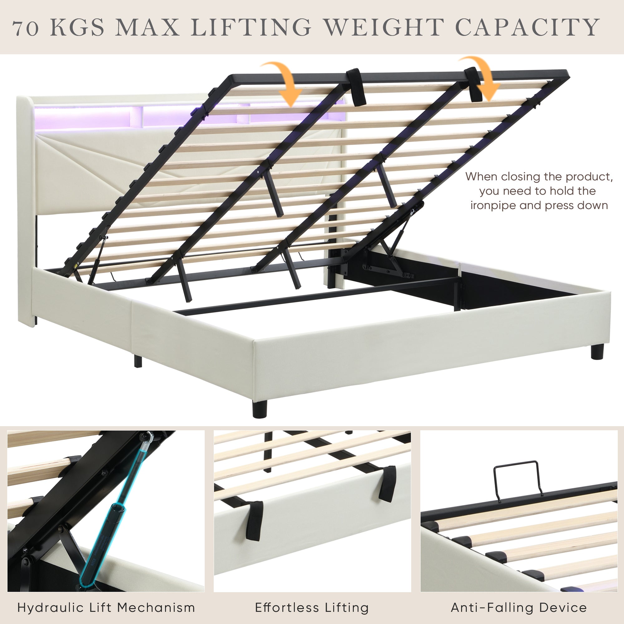 Gas Lift Bed Frame with LED Lights and Charging Station, Modern Upholstery Bed Storage Headboard (Without mattress)