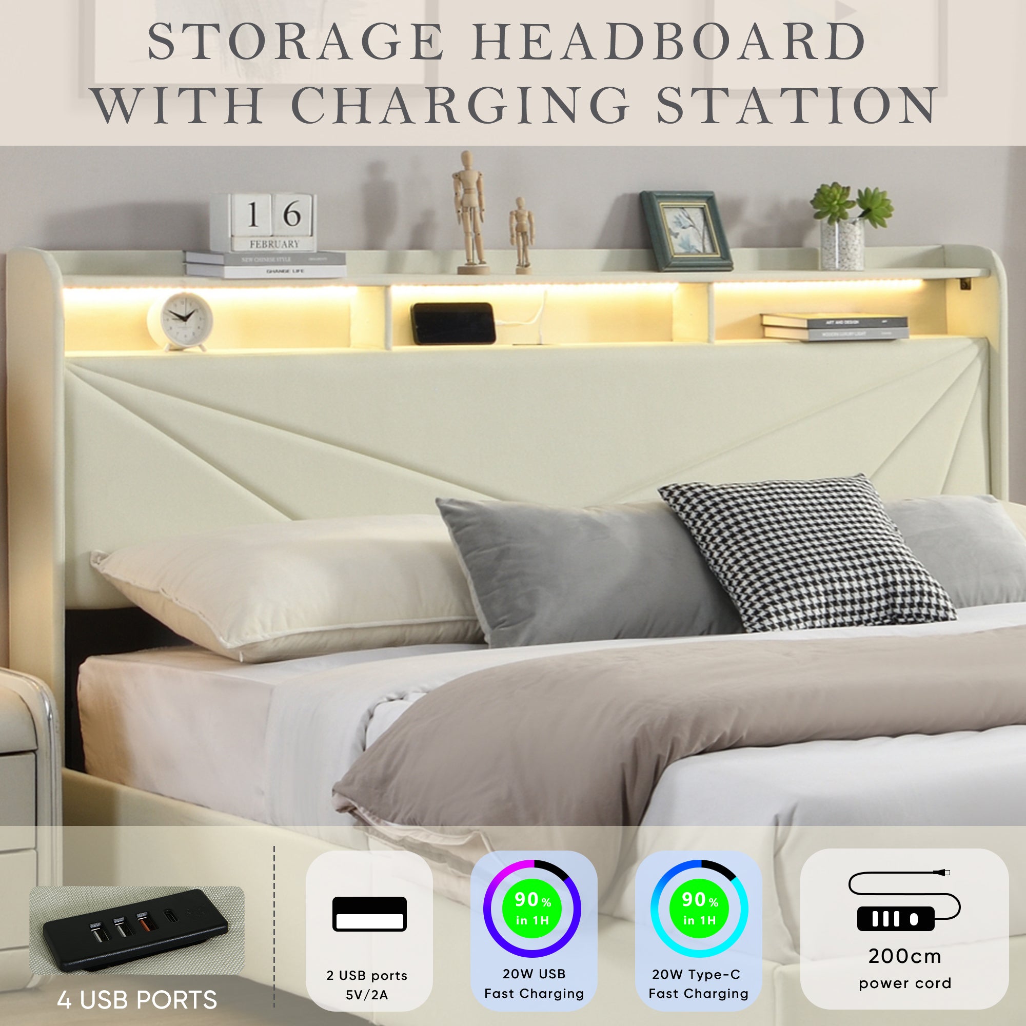 Gas Lift Bed Frame with LED Lights and Charging Station, Modern Upholstery Bed Storage Headboard (Without mattress)