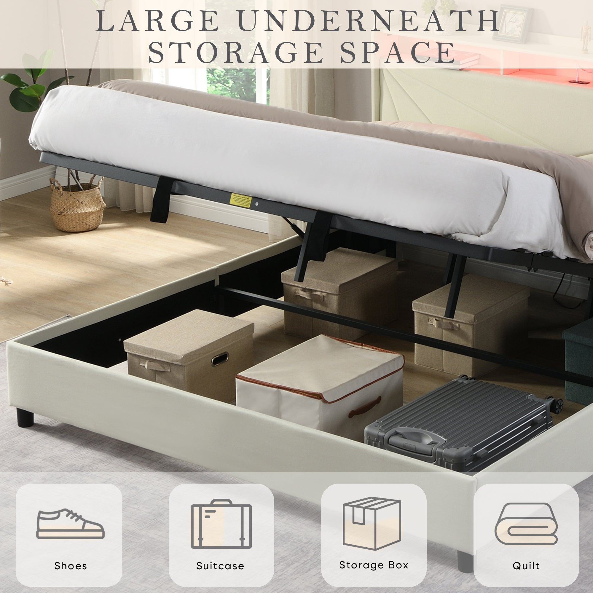 Gas Lift Bed Frame with LED Lights and Charging Station, Modern Upholstery Bed Storage Headboard (Without mattress)